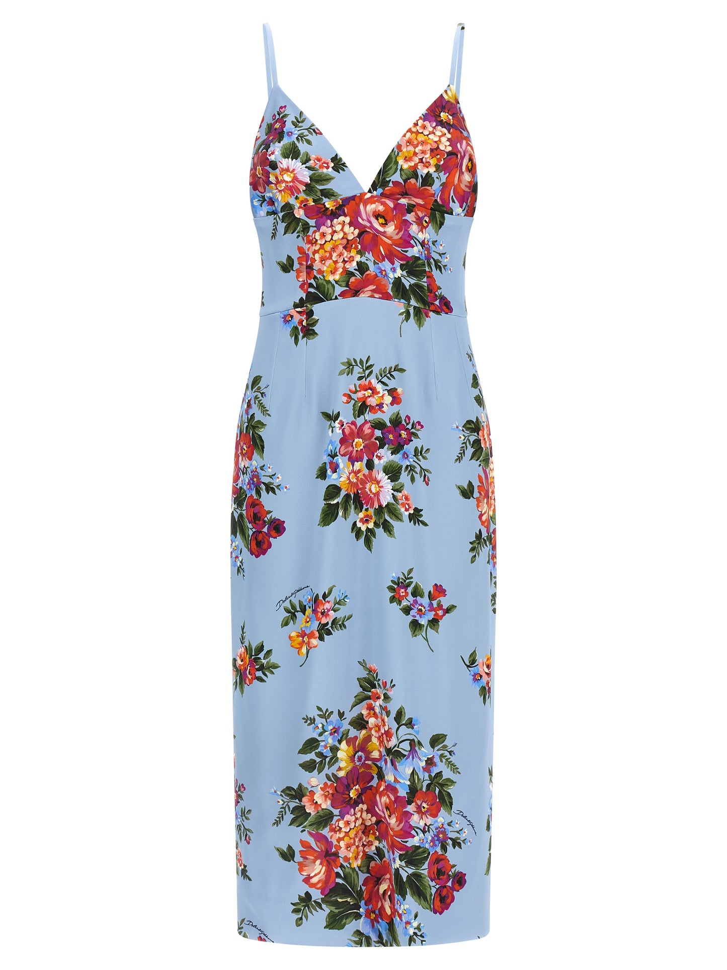 Dress by Dolce & Gabbana for women in viscose satin light-blue & print features a dramatic silhouette, showcasing an elegant split neckline and that flows into a dramatic midi.