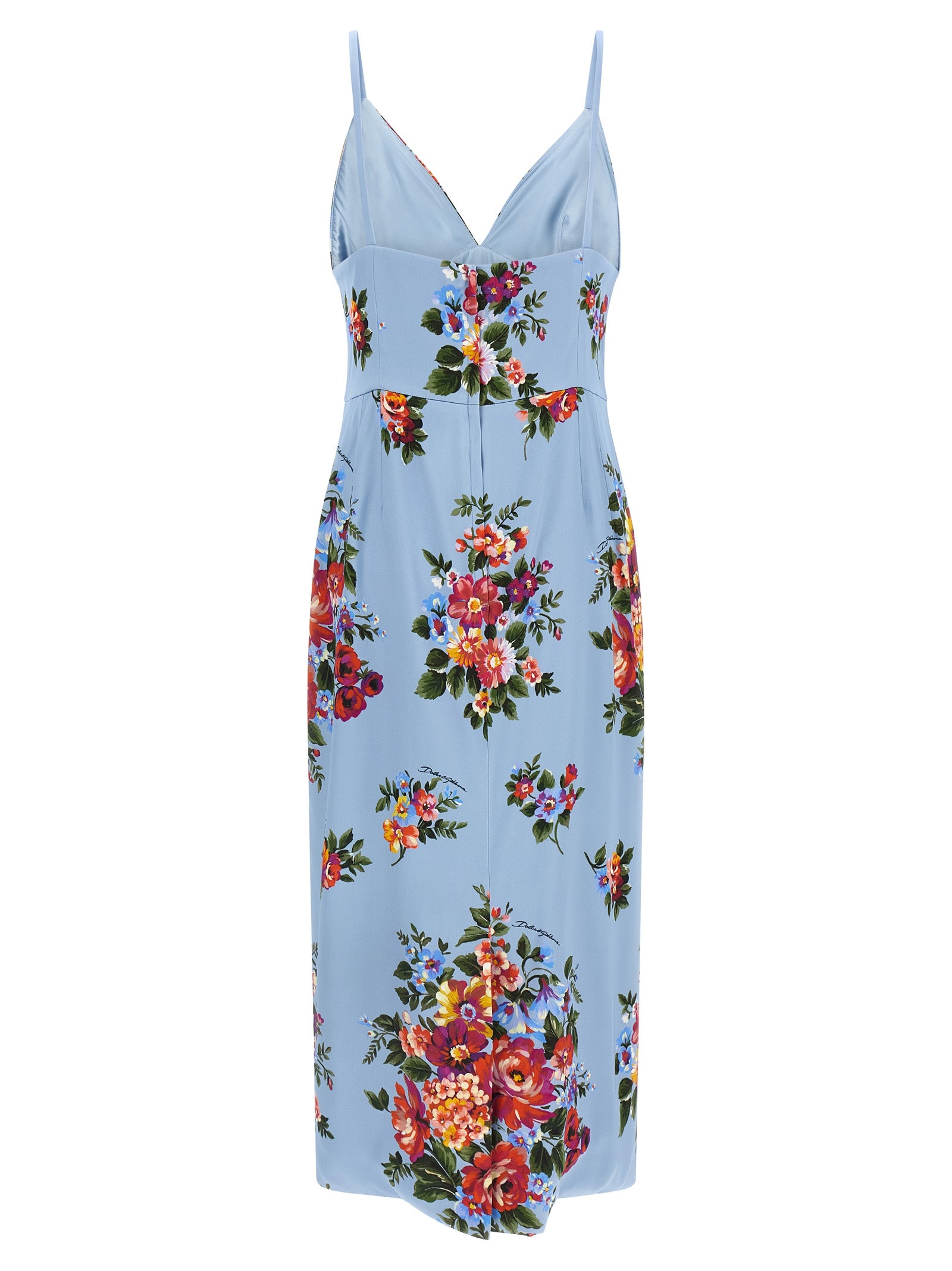 Dress by Dolce & Gabbana for women in viscose satin light-blue & print features an eye catching silhouette with a sophisticated split neckline, elegant , and a refined midi for a eye catching aesthetic.