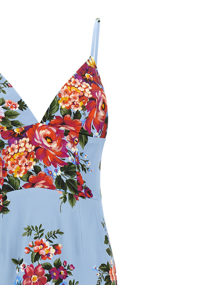Dress by Dolce & Gabbana for women in viscose satin light-blue & print features a dramatic silhouette, showcasing an elegant split neckline and that flows into a dramatic midi.