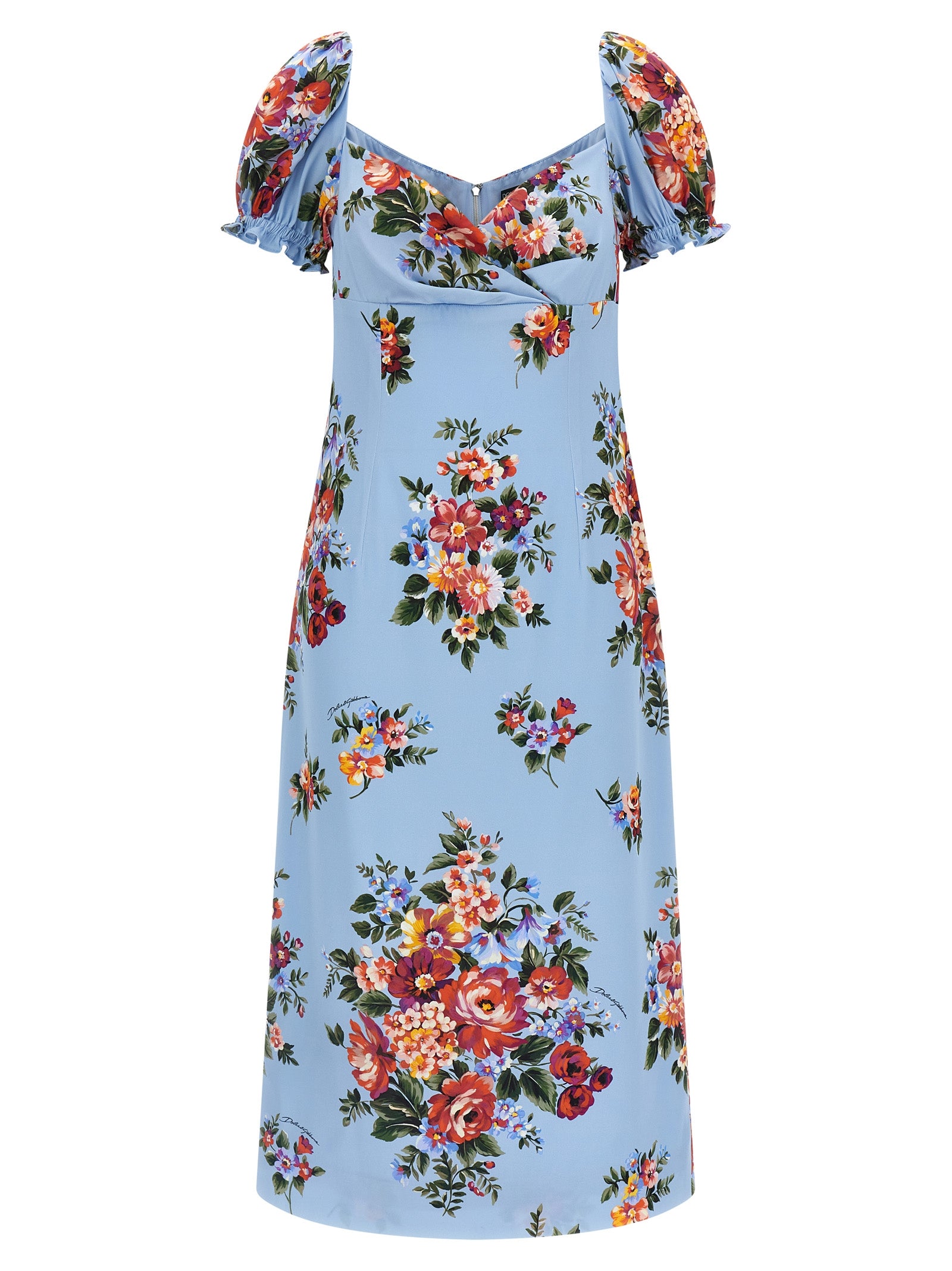 Dress by Dolce & Gabbana for women in silk light-blue, floral & print features an sultry silhouette defined by a split sweetheart neckline and , falling to an sultry midi for a sultry look.