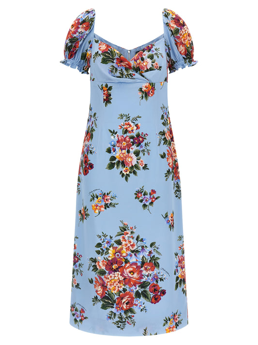 Dress by Dolce & Gabbana for women in silk light-blue, floral & print features an sultry silhouette defined by a split sweetheart neckline and , falling to an sultry midi for a sultry look.