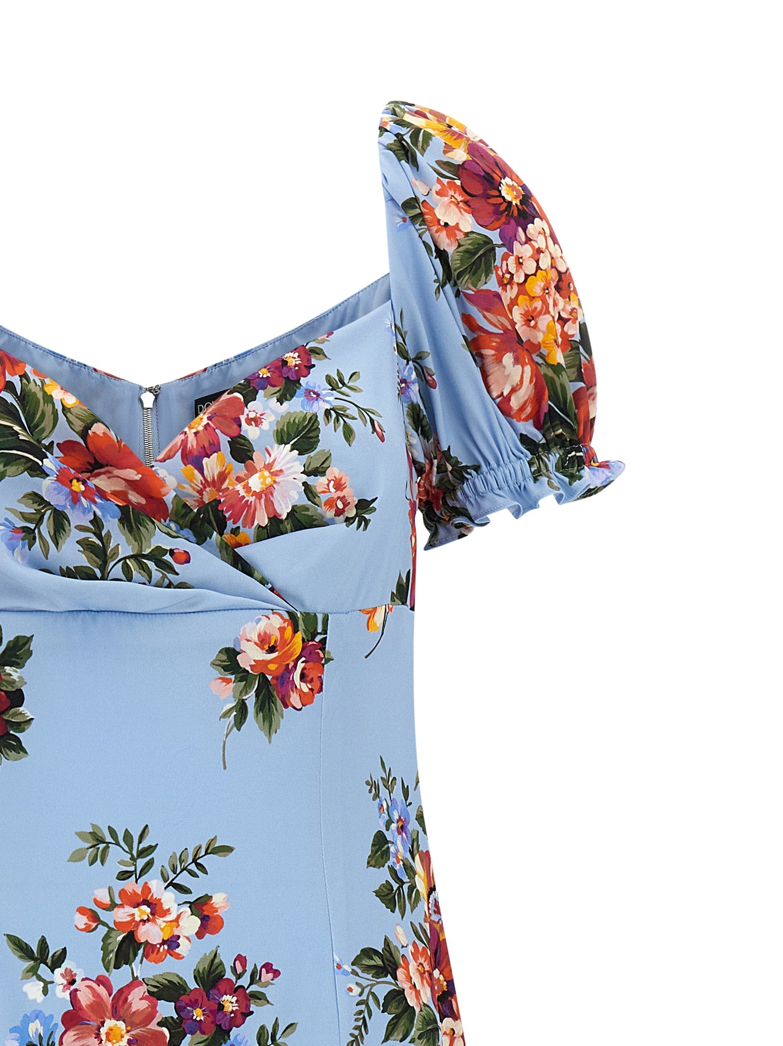 Dress by Dolce & Gabbana for women in silk light-blue, floral & print features an cute silhouette, detailed with a and split sweetheart neckline that elegantly flows into a cute midi.
