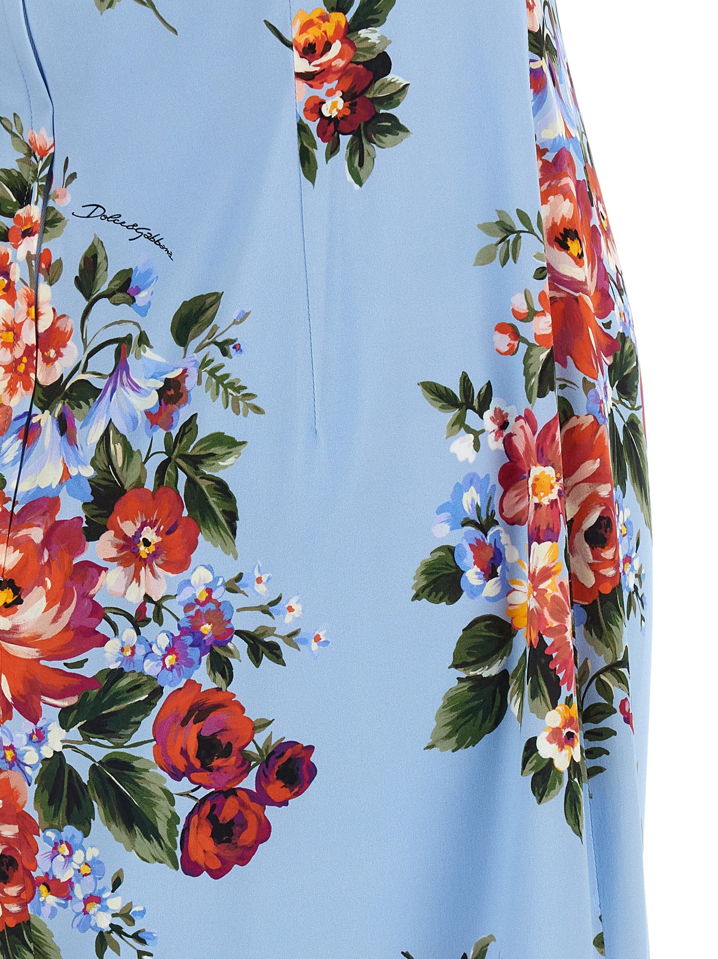 Dress by Dolce & Gabbana for women in silk light-blue, floral & print presents a sinuous silhouette, showcasing a sophisticated and detailed with a sinuous midi for a refined finish.