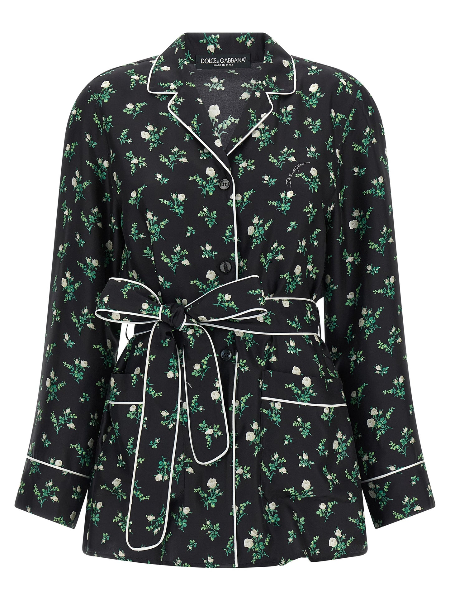 Blouse by Dolce & Gabbana for women in silk twill black, floral & print showcases a sharp silhouette, elegantly detailed with a sharp lapel neckline and sharp .