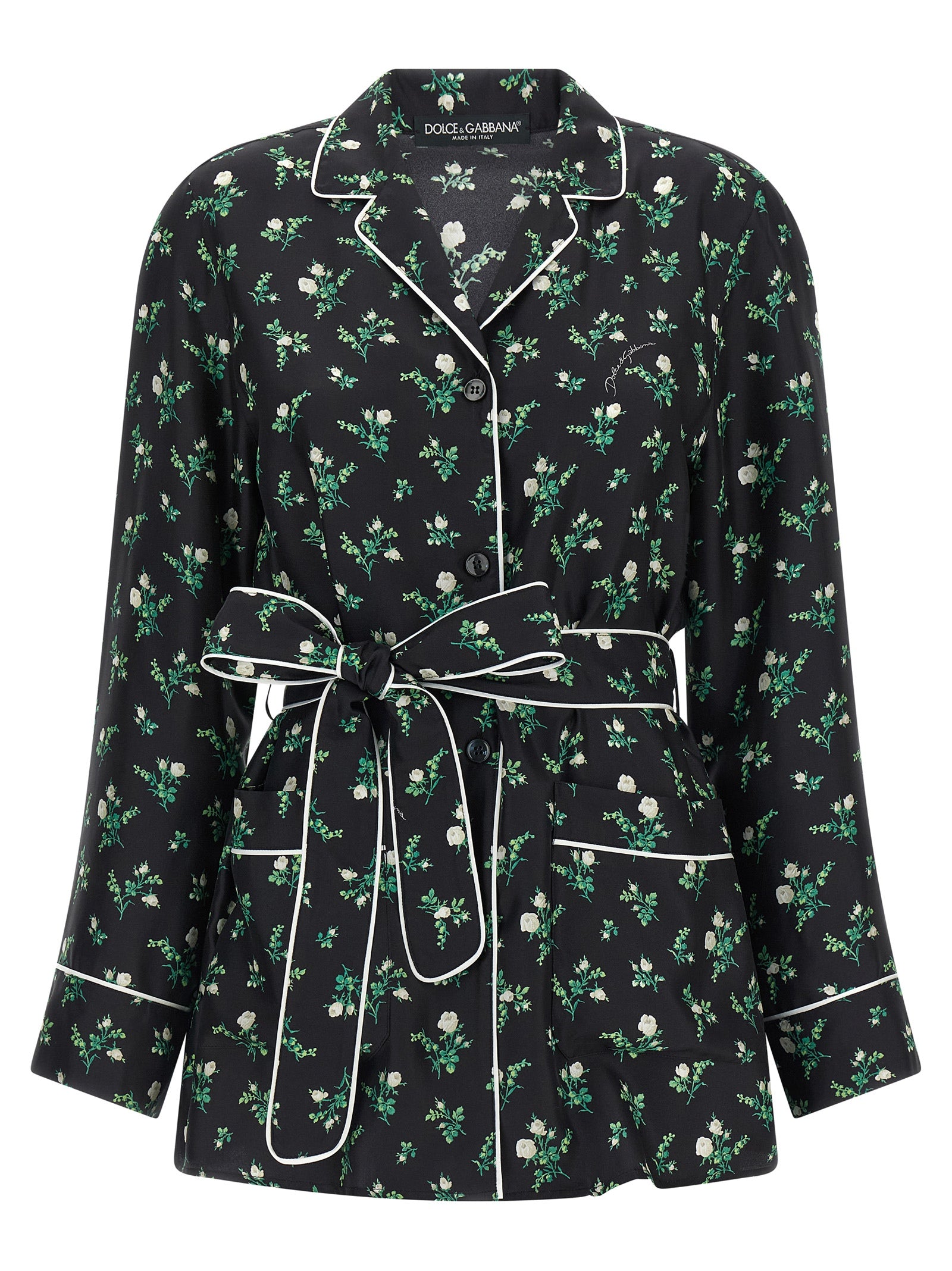 Blouse by Dolce & Gabbana for women in silk twill black, floral & print showcases a sharp silhouette, elegantly detailed with a sharp lapel neckline and sharp .