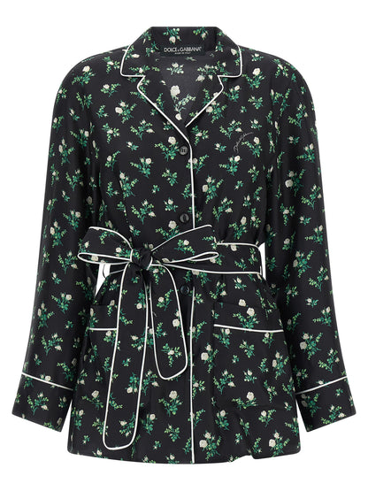 Blouse by Dolce & Gabbana for women in silk twill black, floral & print showcases a sharp silhouette, elegantly detailed with a sharp lapel neckline and sharp .
