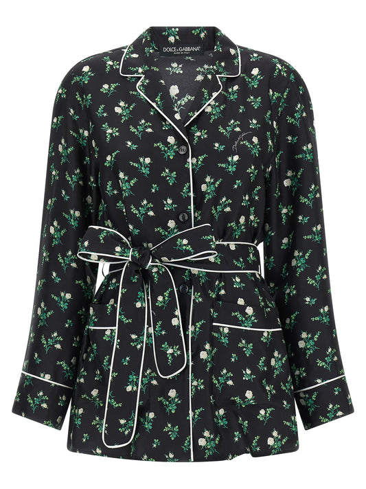 Blouse by Dolce & Gabbana for women in silk twill black, floral & print showcases a sharp silhouette, elegantly detailed with a sharp lapel neckline and sharp .