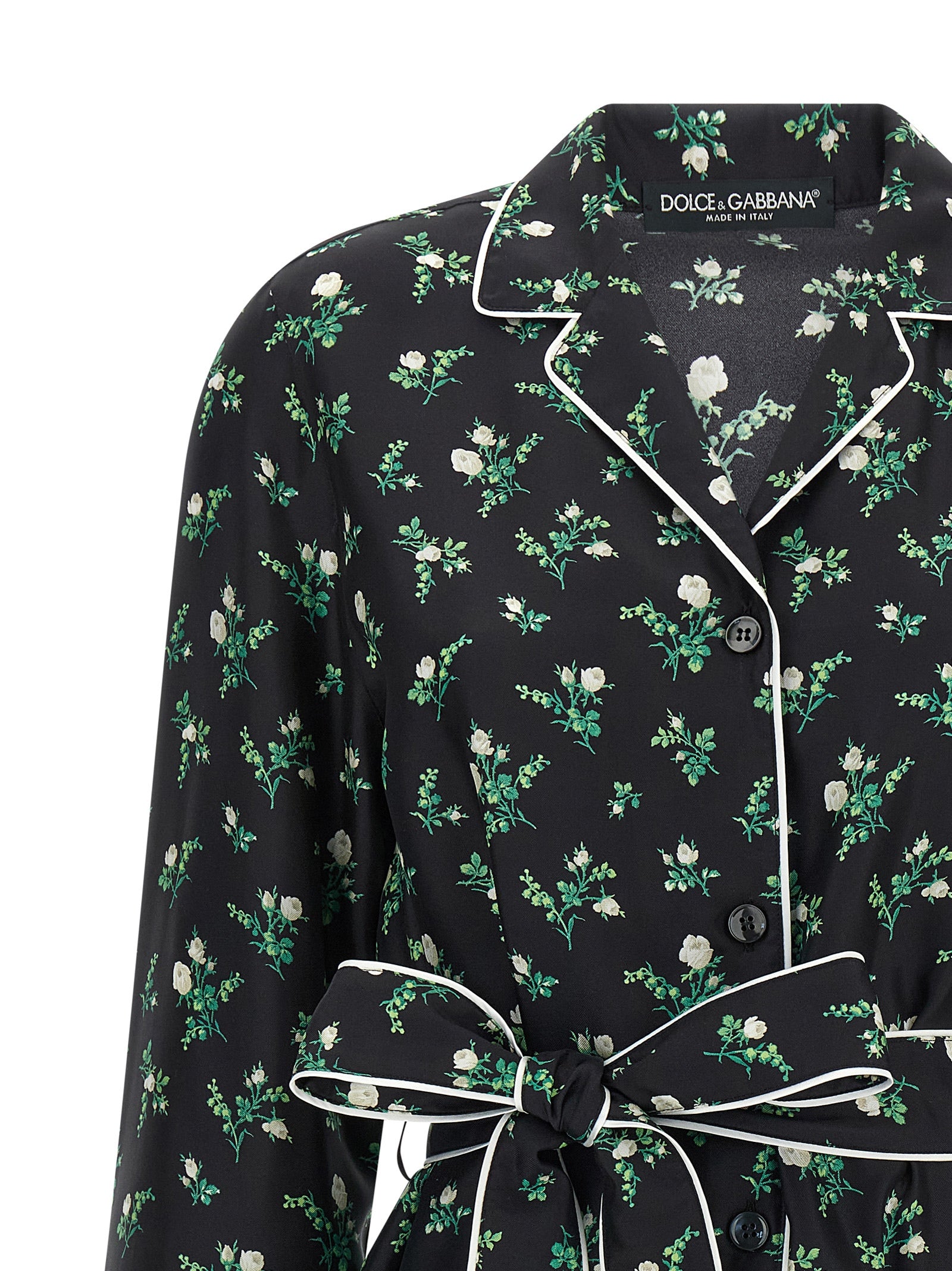 Blouse by Dolce & Gabbana for women in silk twill black, floral & print features an architectural silhouette with a refined and elegant lapel neckline for a architectural look.
