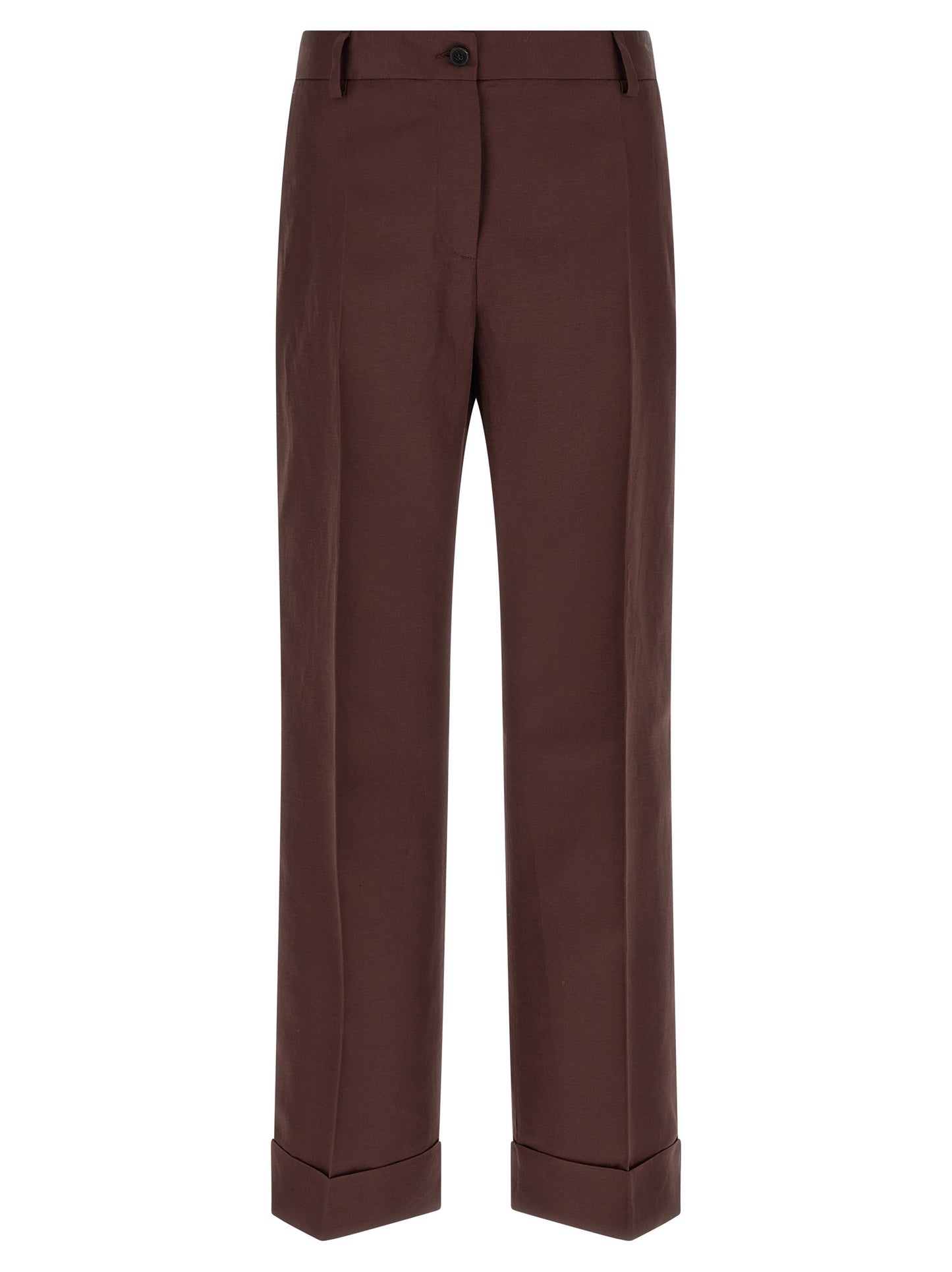 Trousers by Alberto Biani for women in linen & viscose brown features an on trend silhouette, showcasing a sophisticated straight & wide with a long and for an on trend finish.