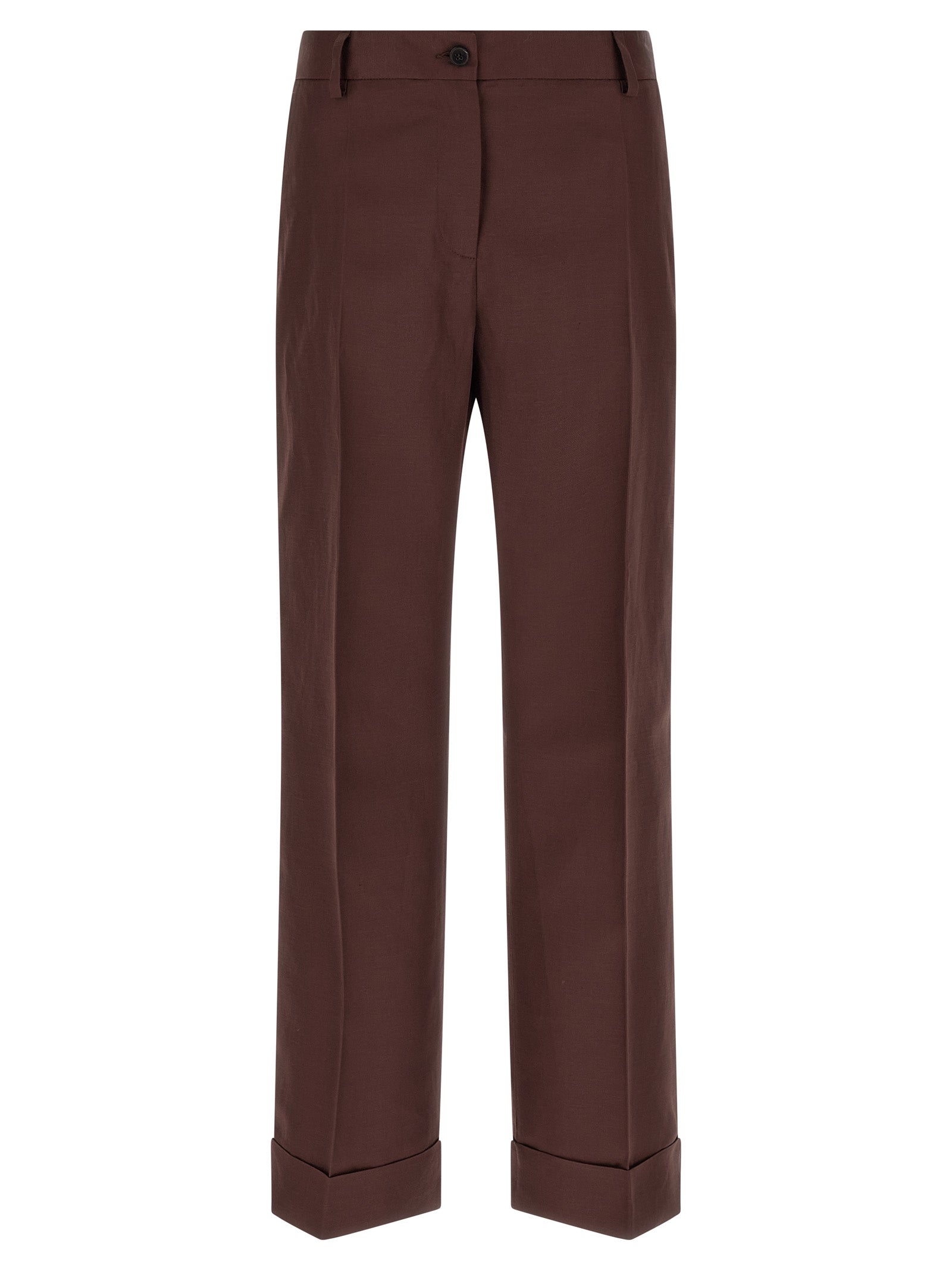 Trousers by Alberto Biani for women in linen & viscose brown features an on trend silhouette, showcasing a sophisticated straight & wide with a long and for an on trend finish.