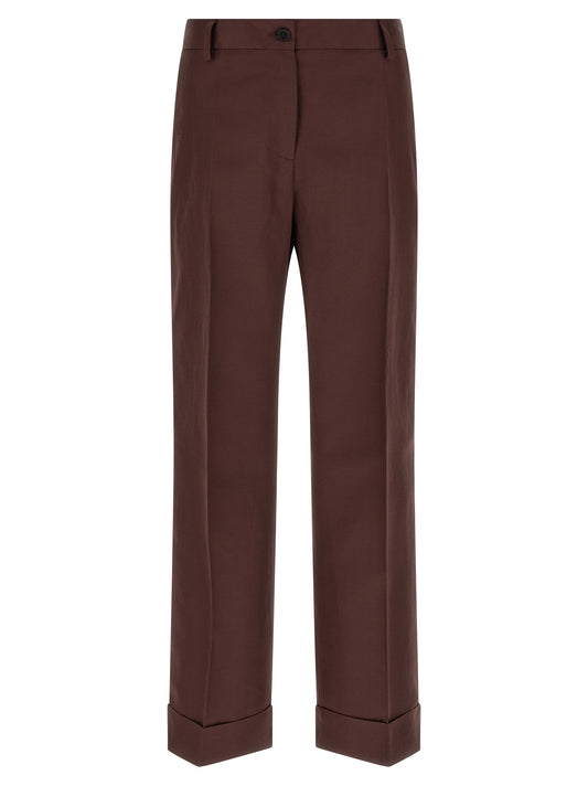 Trousers by Alberto Biani for women in linen & viscose brown features an on trend silhouette, showcasing a sophisticated straight & wide with a long and for an on trend finish.