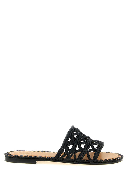 Sliders Sandals Flat Shoes by ODISSI for women in raffia viscose polyester leather black showcases a dynamic silhouette, artfully capturing Women's Raffia Viscose Polyester Leather Sliders Sandals Flat Shoes through its distinctive and elegant .