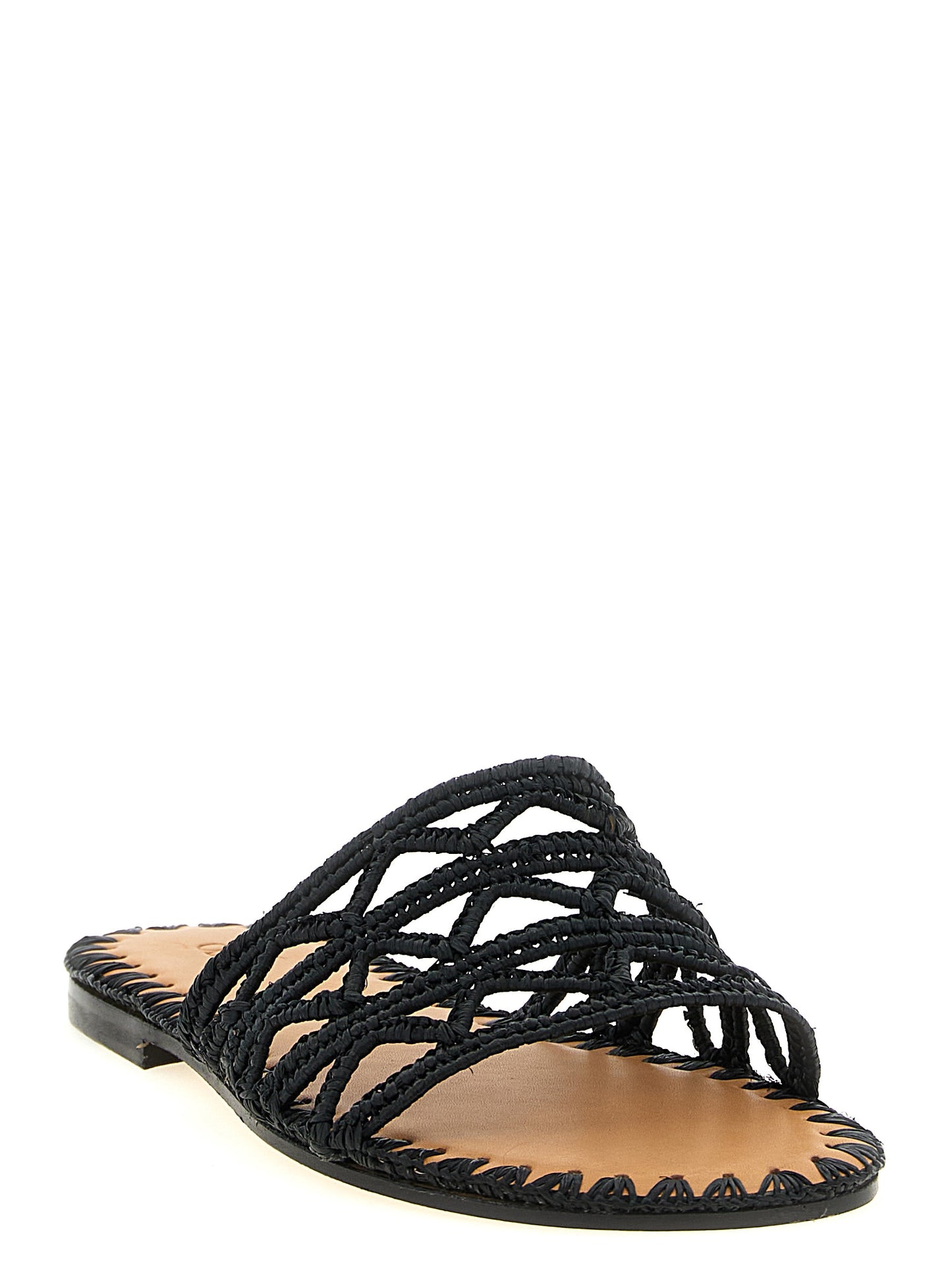 Sliders Sandals Flat Shoes by ODISSI for women in raffia viscose polyester leather black presents a effortless chic silhouette, showcasing the Women's Raffia Viscose Polyester Leather Sliders Sandals Flat Shoes design with a effortless chic and for a sophisticated look.