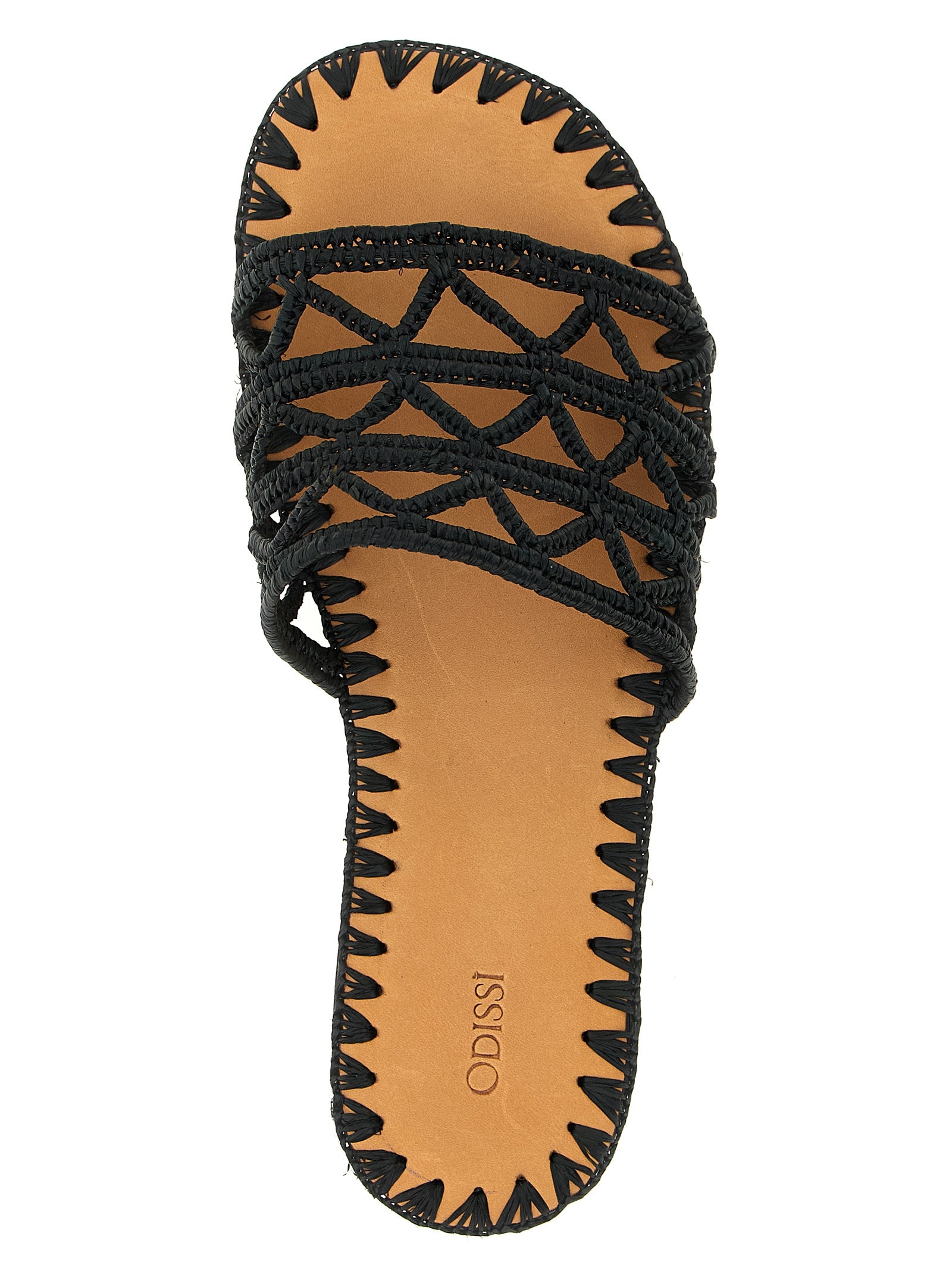 Sliders Sandals Flat Shoes by ODISSI for women in raffia viscose polyester leather black features an captivating silhouette, showcasing the captivating style of the Women's Raffia Viscose Polyester Leather Sliders Sandals Flat Shoes with its distinct and refined .
