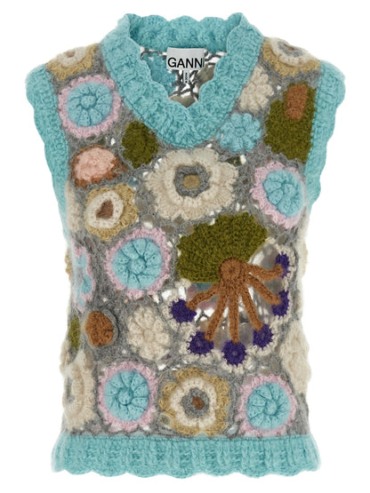 Vest by Ganni for women in mohair wool & polyamide multicolor, patterned & floral features a stylish silhouette, showcasing distinct and a refined v-neck neckline for a truly stylish finish.