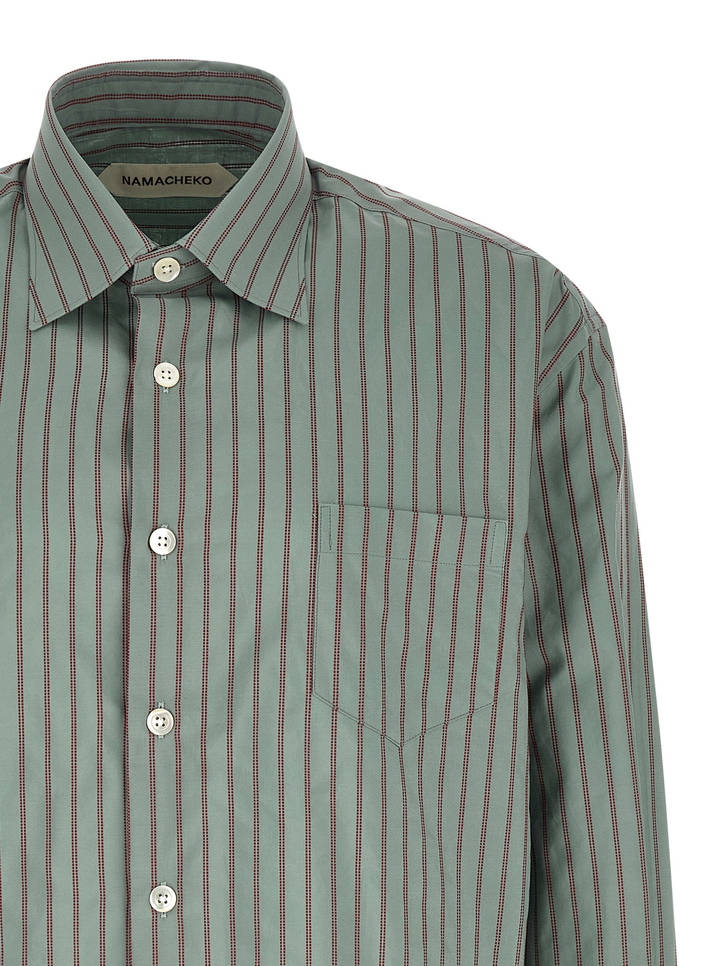 Shirt by Namacheko for men in cotton light-blue, pearl, jacquard & striped showcases a sharp silhouette, elegantly detailed with a sharp square neckline and sharp .