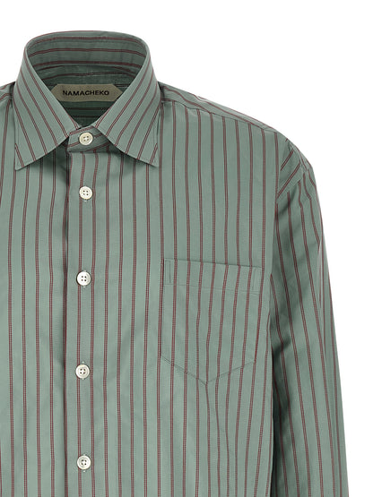 Shirt by Namacheko for men in cotton light-blue, pearl, jacquard & striped showcases a sharp silhouette, elegantly detailed with a sharp square neckline and sharp .