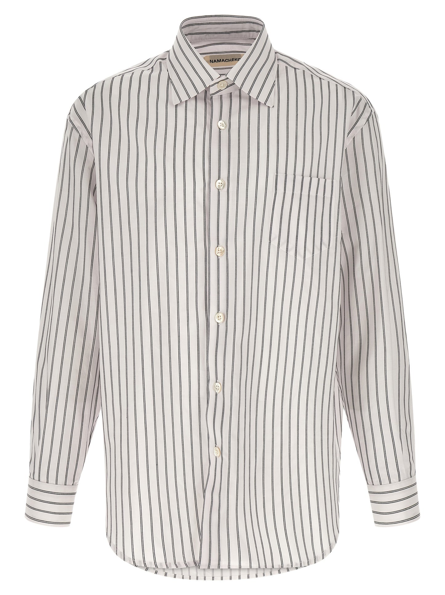 Shirt by Namacheko for men in cotton canvas bicolour, black, pearl, white, jacquard & striped presents a discerning silhouette, showcasing a sophisticated square neckline and long-sleeve for a truly discerning finish.