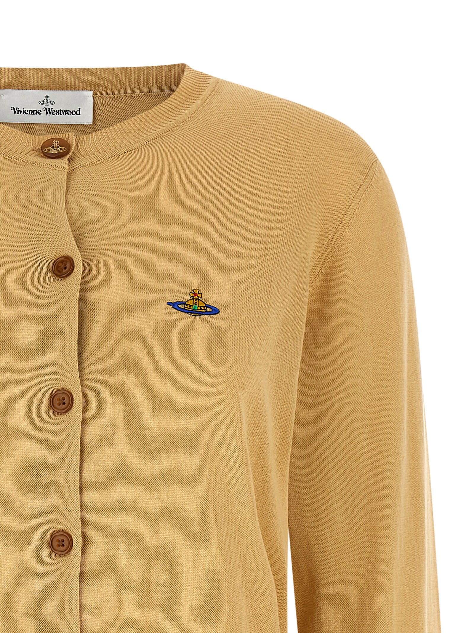 Cardigan by Vivienne Westwood for women in organic cotton beige showcases a luxurious silhouette, meticulously detailed with a sophisticated crew neckline and for a refined finish.