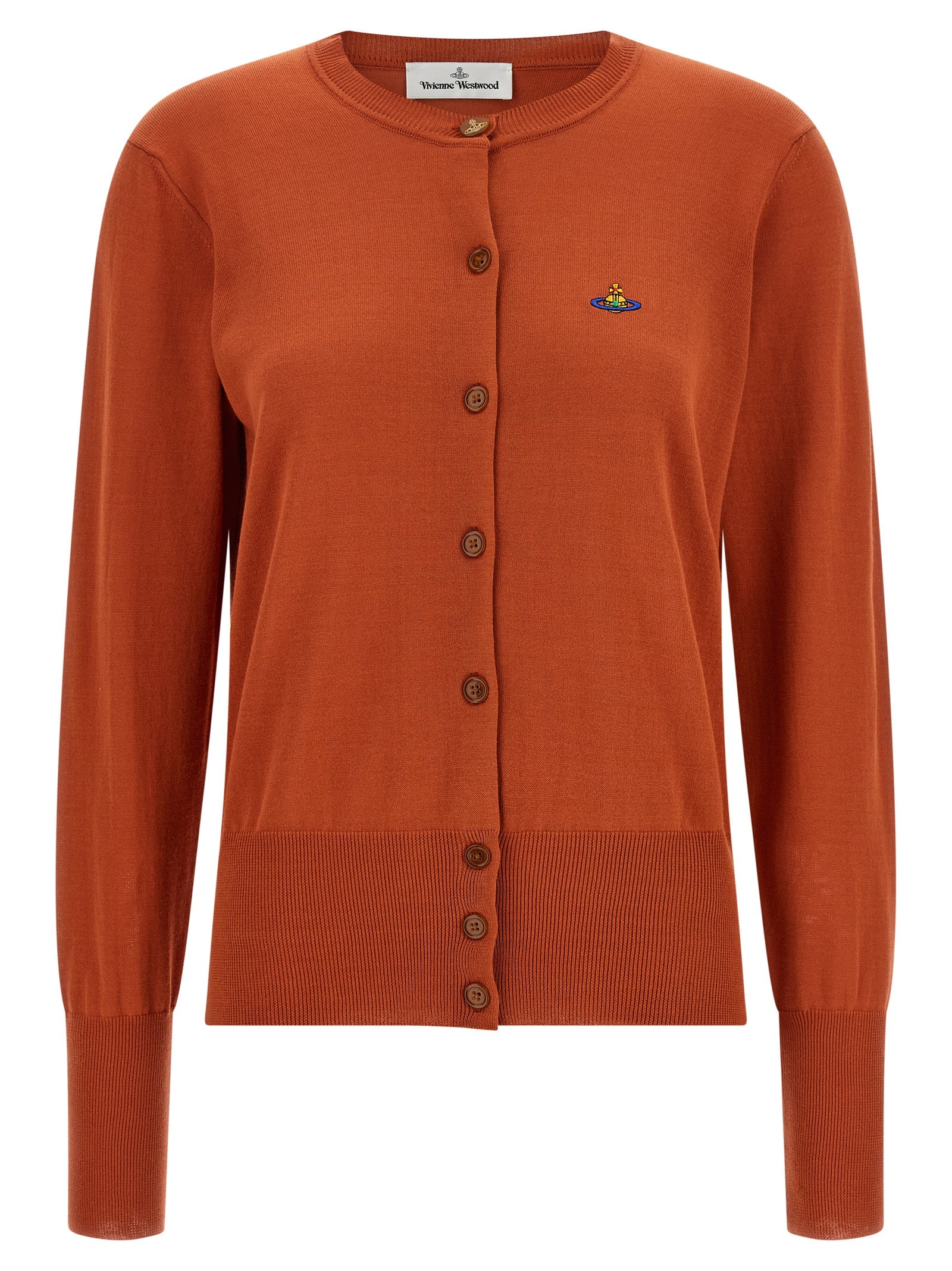 Cardigan by Vivienne Westwood for women in organic cotton orange showcases a captivating silhouette, artfully detailed with a captivating and crew neckline for a truly sophisticated captivating look.