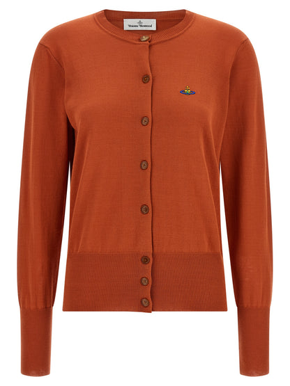 Cardigan by Vivienne Westwood for women in organic cotton orange showcases a captivating silhouette, artfully detailed with a captivating and crew neckline for a truly sophisticated captivating look.