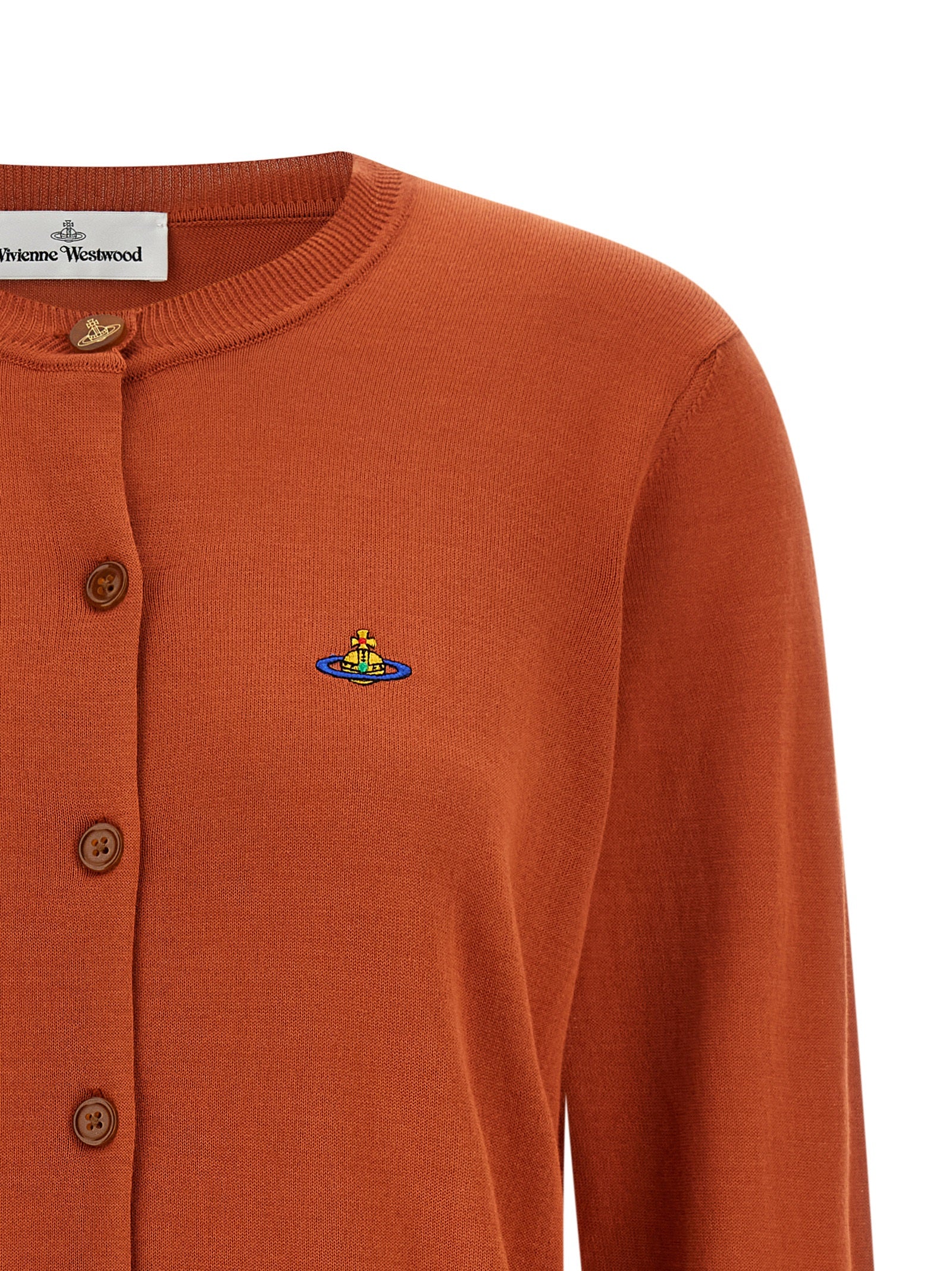 Cardigan by Vivienne Westwood for women in organic cotton orange showcases a luxurious silhouette, meticulously detailed with a sophisticated crew neckline and for a refined finish.