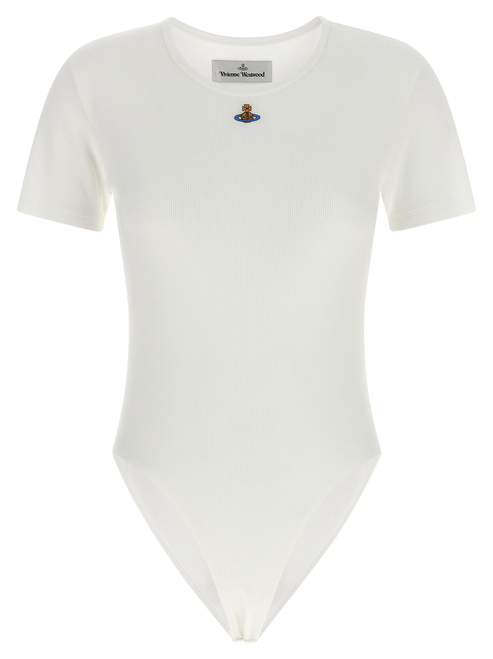 Bodysuit by Vivienne Westwood for women in stretch cotton white features an exquisite silhouette with a refined round hooded neckline and exquisite detailing.