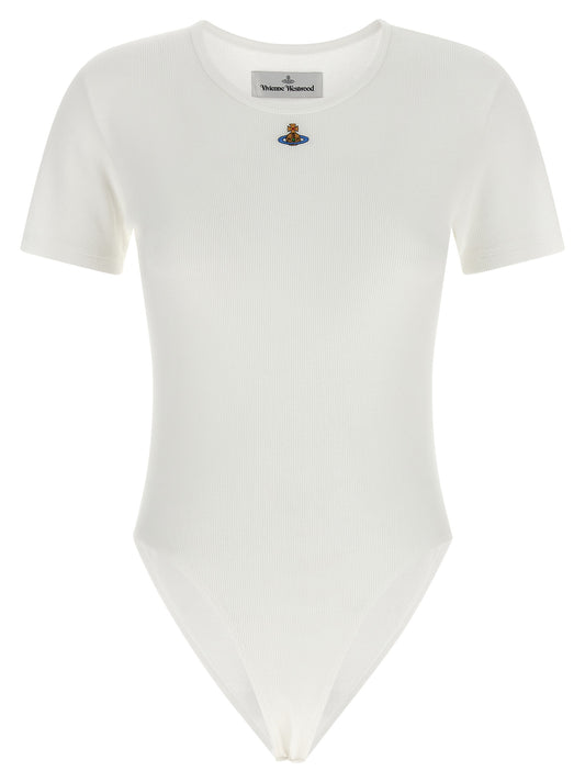 Bodysuit by Vivienne Westwood for women in stretch cotton white features an exquisite silhouette with a refined round hooded neckline and exquisite detailing.