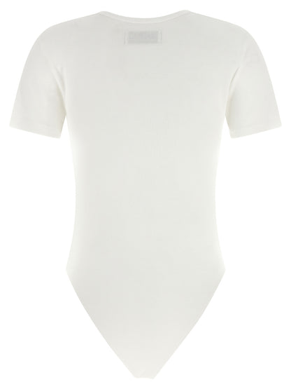 Bodysuit by Vivienne Westwood for women in stretch cotton white showcases a enviable silhouette, elegantly detailed with a enviable and round hooded neckline for a truly enviable finish.