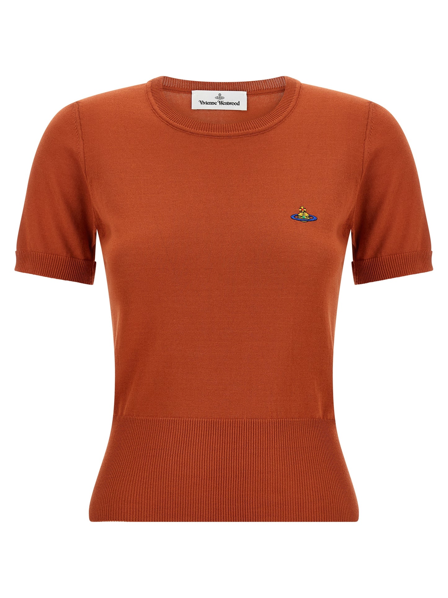 T-Shirt by Vivienne Westwood for women in organic cotton orange showcases a dramatic silhouette, elegantly detailed with a dramatic crew neckline and for a truly dramatic finish.