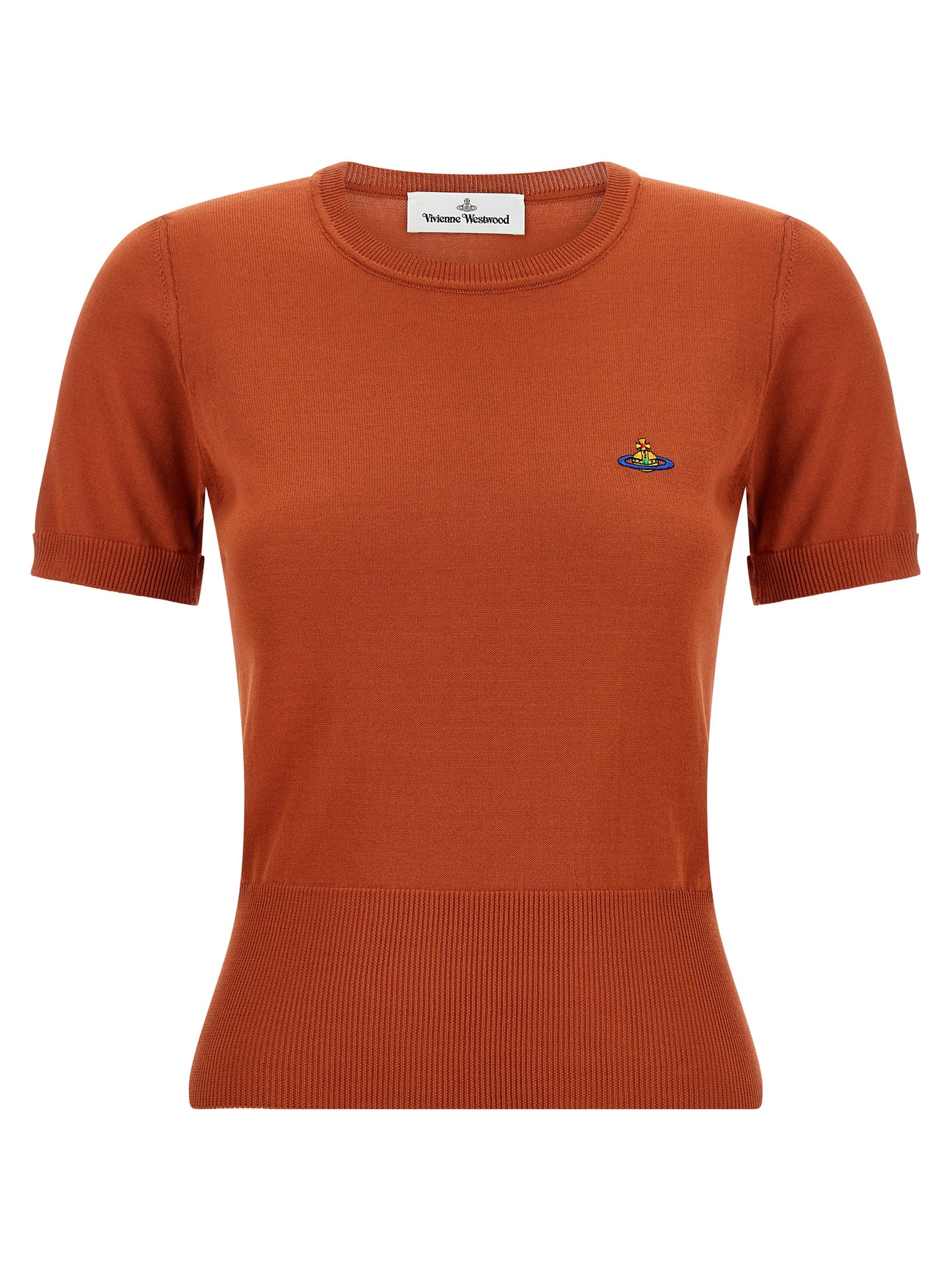 T-Shirt by Vivienne Westwood for women in organic cotton orange showcases a dramatic silhouette, elegantly detailed with a dramatic crew neckline and for a truly dramatic finish.