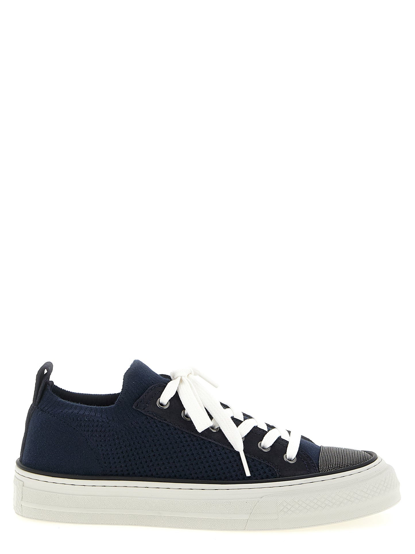 Sneakers by Brunello Cucinelli for women in tu suede leather & cotton blue presents a sumptuous silhouette, artfully capturing the essence of the Monile Women's Low Top Slip On TU Suede Leather & Cotton Sneakers with its sumptuous low-top slip-on style design.