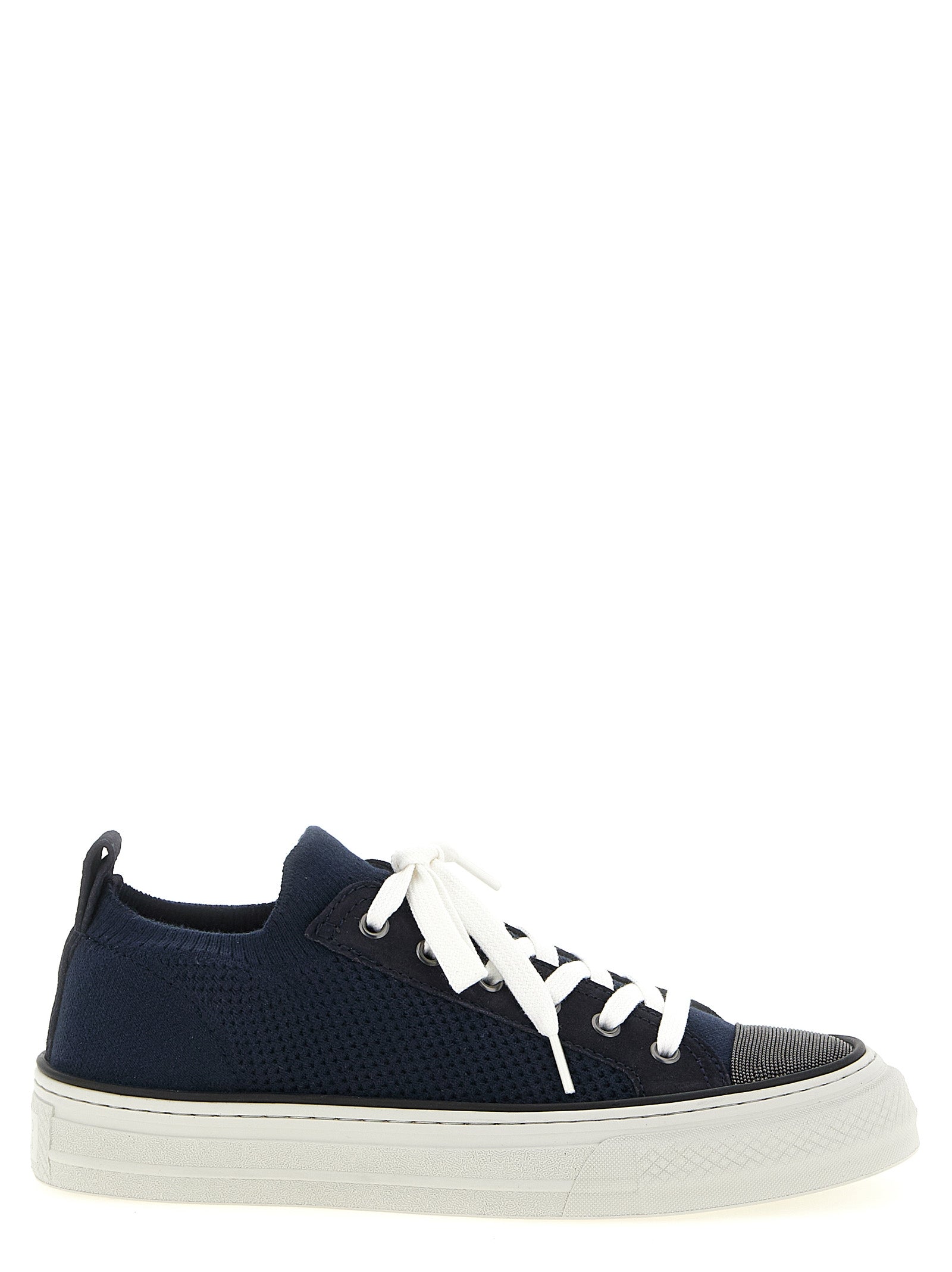 Sneakers by Brunello Cucinelli for women in tu suede leather & cotton blue presents a sumptuous silhouette, artfully capturing the essence of the Monile Women's Low Top Slip On TU Suede Leather & Cotton Sneakers with its sumptuous low-top slip-on style design.
