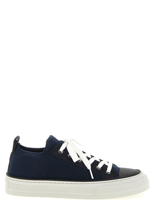 Sneakers by Brunello Cucinelli for women in tu suede leather & cotton blue presents a sumptuous silhouette, artfully capturing the essence of the Monile Women's Low Top Slip On TU Suede Leather & Cotton Sneakers with its sumptuous low-top slip-on style design.