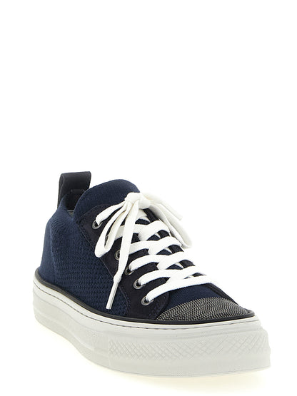 Sneakers by Brunello Cucinelli for women in tu suede leather & cotton blue presents a impeccable silhouette as Monile Women's Low Top Slip On TU Suede Leather & Cotton Sneakers, expertly defined by a impeccable low-top slip-on style for a impeccable, high-fashion look.