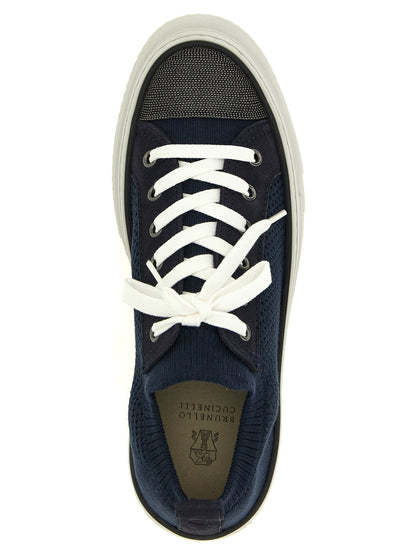 Sneakers by Brunello Cucinelli for women in tu suede leather & cotton blue presents a impeccable silhouette as Monile Women's Low Top Slip On TU Suede Leather & Cotton Sneakers, expertly defined by a impeccable low-top slip-on style for a impeccable, high-fashion look.