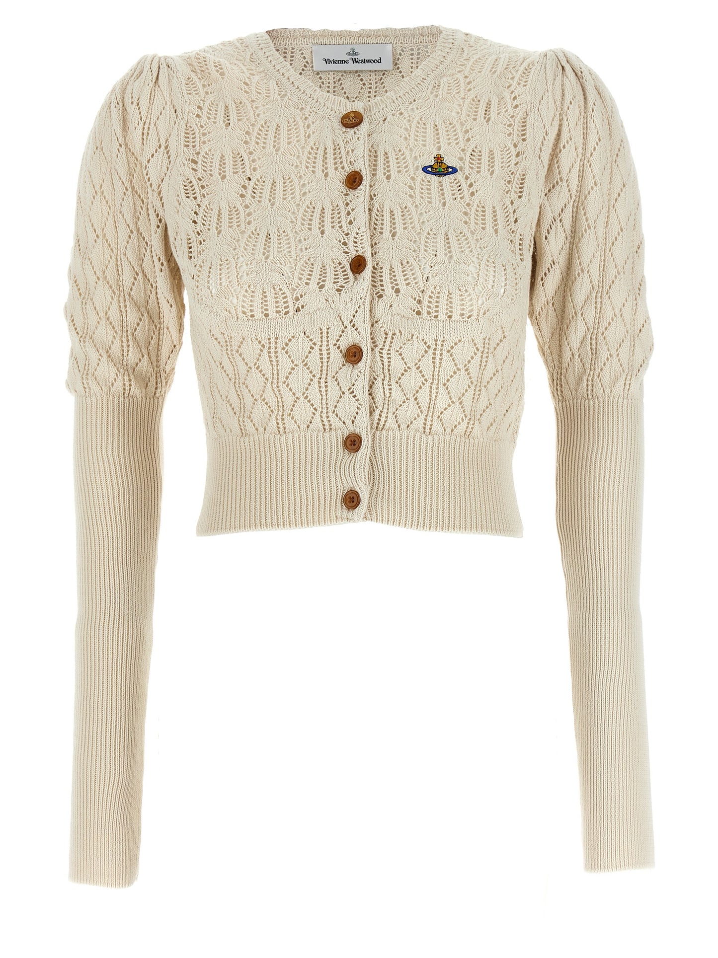 Cardigan by Vivienne Westwood for women in organic cotton beige & patterned presents a textural silhouette, artfully finished with a textural crew neckline and for a sophisticated, textural look.
