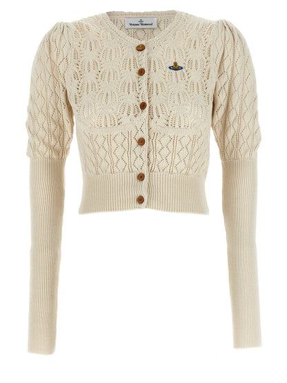 Cardigan by Vivienne Westwood for women in organic cotton beige & patterned presents a textural silhouette, artfully finished with a textural crew neckline and for a sophisticated, textural look.