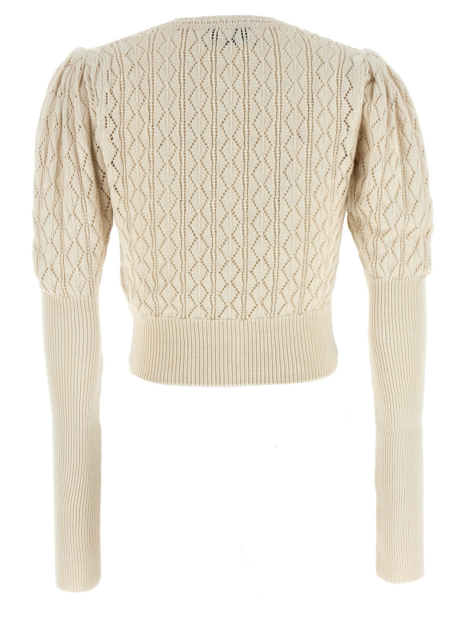 Cardigan by Vivienne Westwood for women in organic cotton beige & patterned features a dramatic silhouette, showcasing a sophisticated crew neckline and dramatic detail for a timeless, premium look.