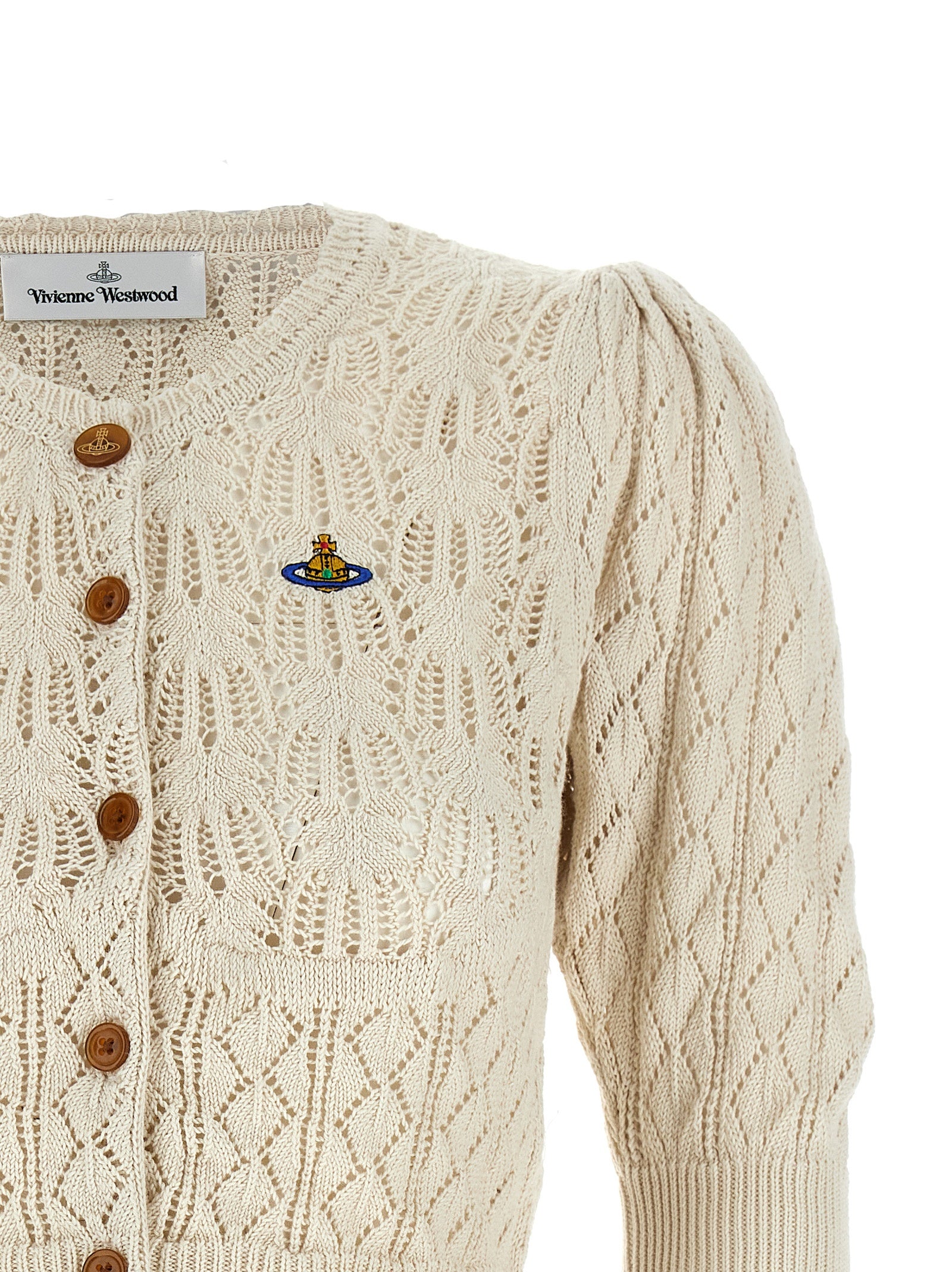 Cardigan by Vivienne Westwood for women in organic cotton beige & patterned features a nuanced silhouette with a refined crew neckline and nuanced detailing for a sophisticated look.