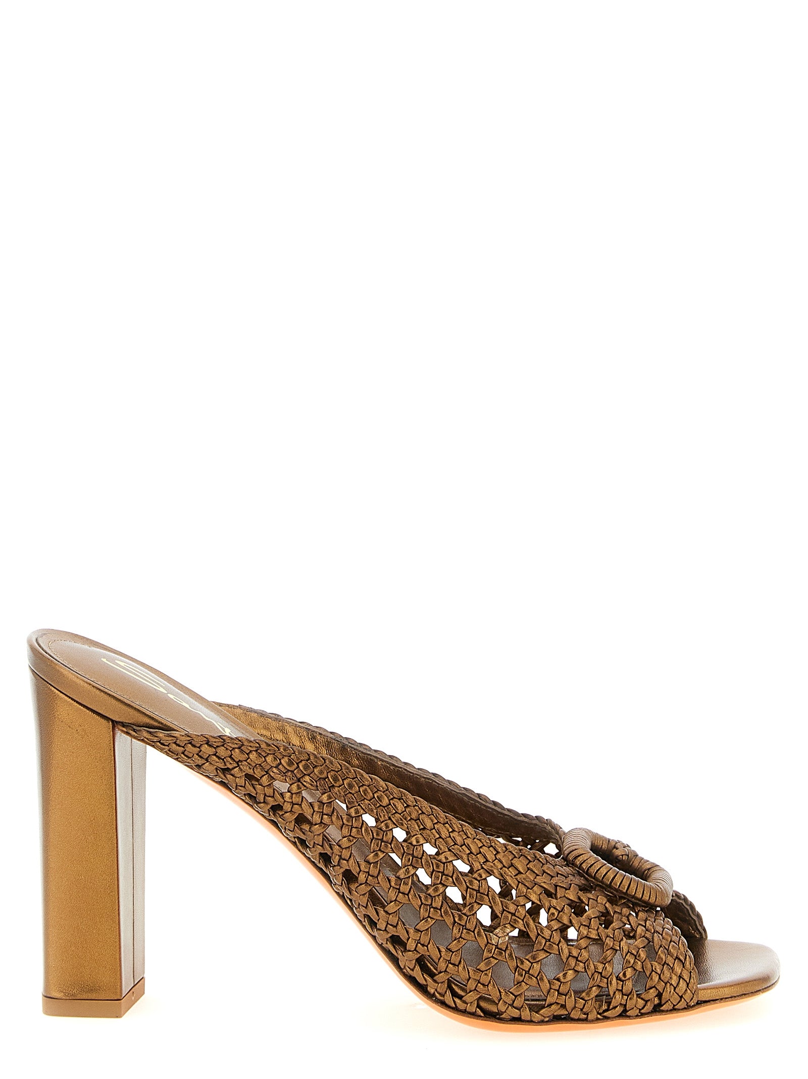 Stiletto Sandals by Santoni for women in lamb leather gold presents a sculptural silhouette, showcasing the Women's Lamb Leather Stiletto Sandals design with a sculptural stiletto and square toe style for a premium look.