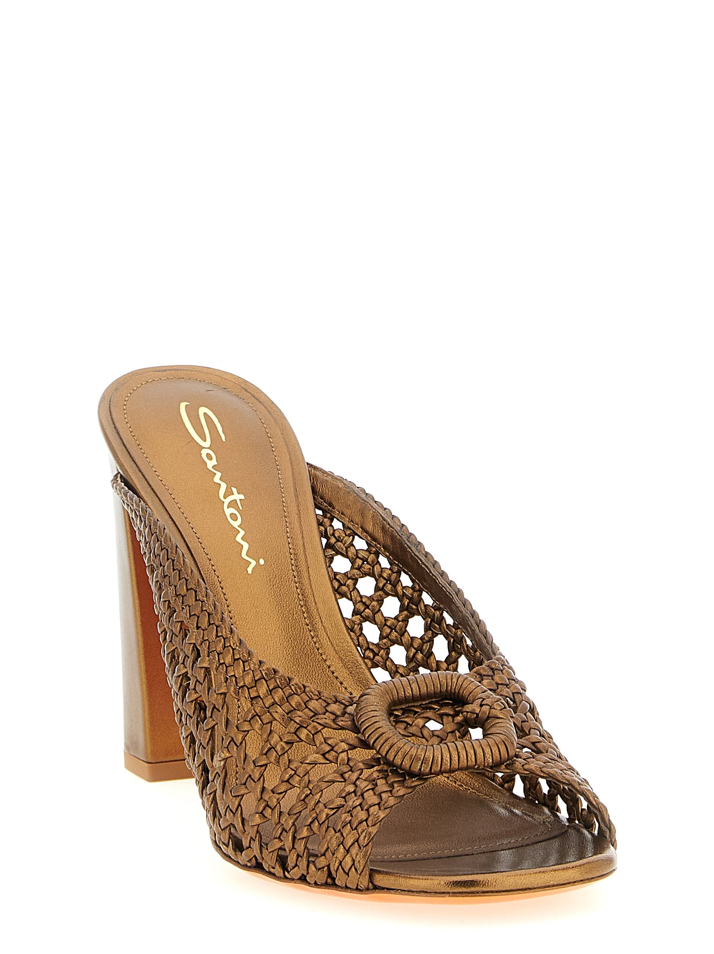 Stiletto Sandals by Santoni for women in lamb leather gold showcases a sculptural silhouette as Women's Lamb Leather Stiletto Sandals, defined by a sculptural stiletto and sculptural square toe style for a sculptural look.