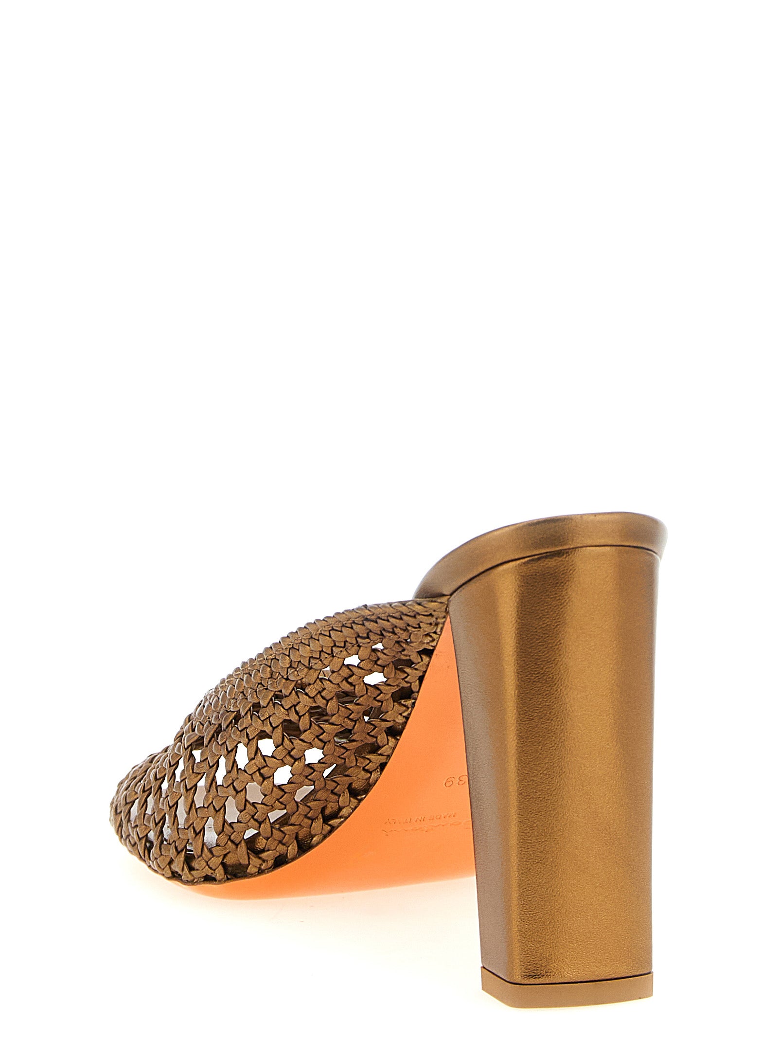 Stiletto Sandals by Santoni for women in lamb leather gold showcases a sculptural silhouette as Women's Lamb Leather Stiletto Sandals, defined by a sculptural stiletto and sculptural square toe style for a sculptural look.