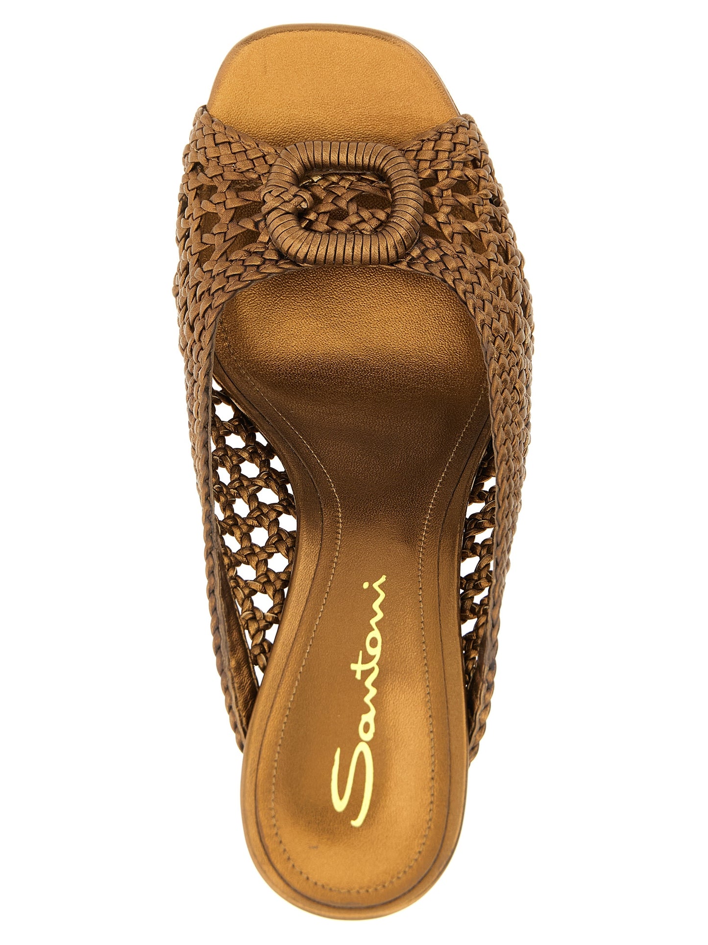 Stiletto Sandals by Santoni for women in lamb leather gold features an statuesque Women's Lamb Leather Stiletto Sandals silhouette with a refined stiletto and elegant square toe style.