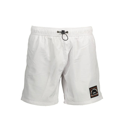 Swim Shorts by Karl Lagerfeld for men in polyester and white & patterned showcases a sinuous silhouette, expertly cut for a sinuous fit as part of the Crisp Men's Polyester Swim Shorts collection.
