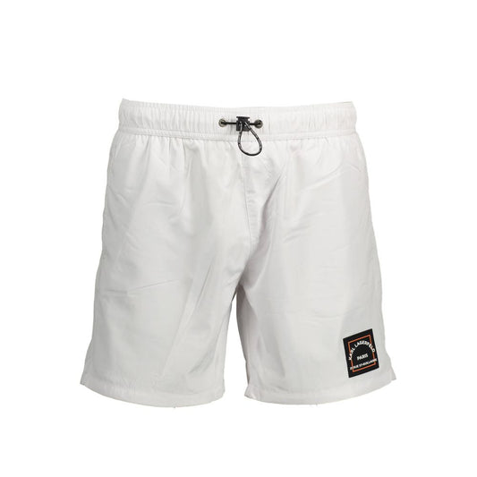 Swim Shorts by Karl Lagerfeld for men in polyester and white & patterned showcases a sinuous silhouette, expertly cut for a sinuous fit as part of the Crisp Men's Polyester Swim Shorts collection.