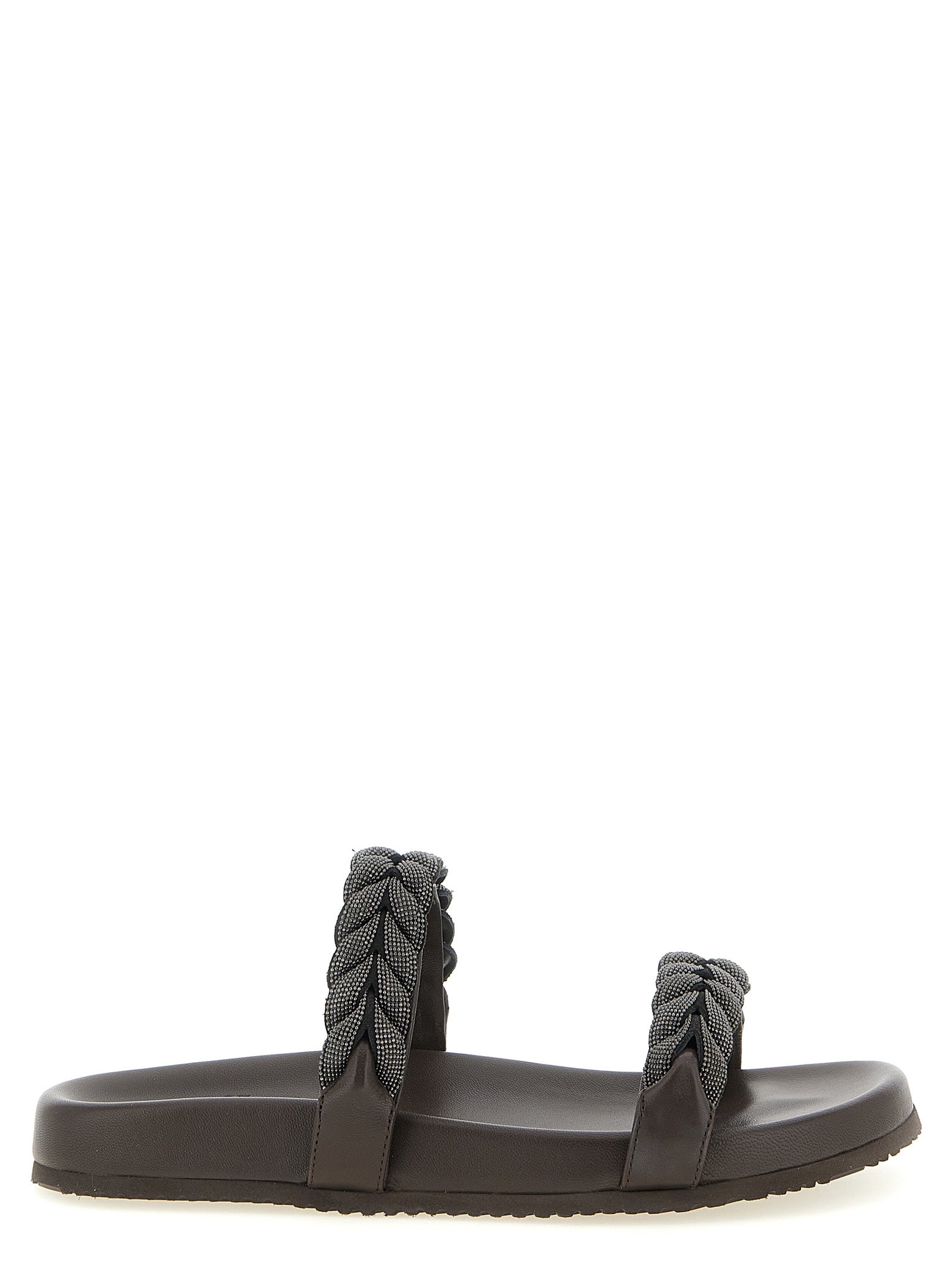 Sliders Sandals Flat Shoes by Brunello Cucinelli for women in tu leather brown presents a effortless chic silhouette, showcasing the Monile Women's TU Leather Sliders Sandals Flat Shoes design with a effortless chic and for a sophisticated look.