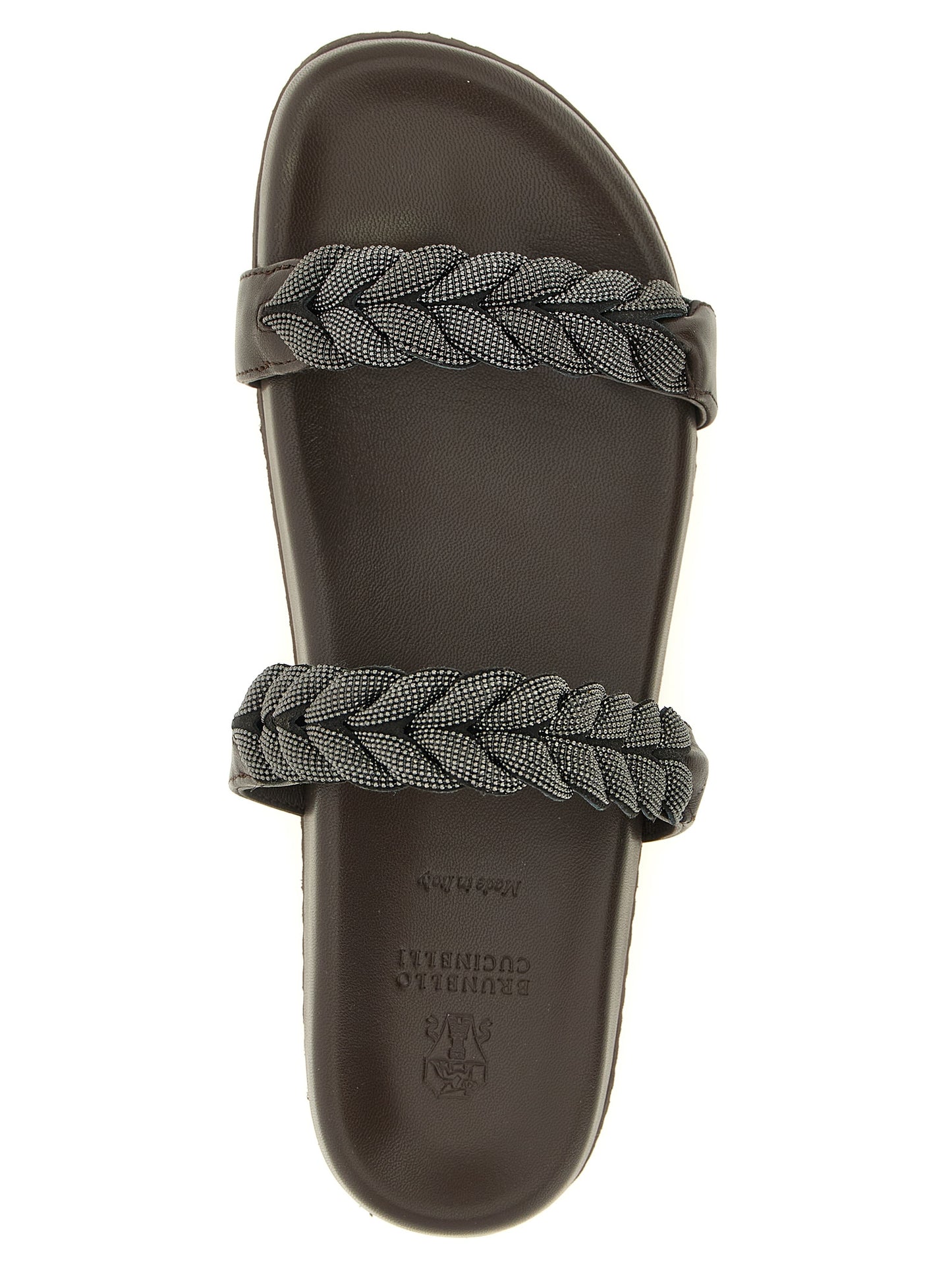 Sliders Sandals Flat Shoes by Brunello Cucinelli for women in tu leather brown presents a effortless chic silhouette, showcasing the Monile Women's TU Leather Sliders Sandals Flat Shoes design with a effortless chic and for a sophisticated look.