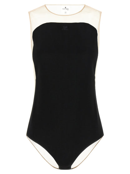 Bodysuit by Courrèges for women in polyester polyurethane & acetate black & transparent showcases a enviable silhouette, elegantly detailed with a enviable sleeveless and square neckline for a truly enviable finish.