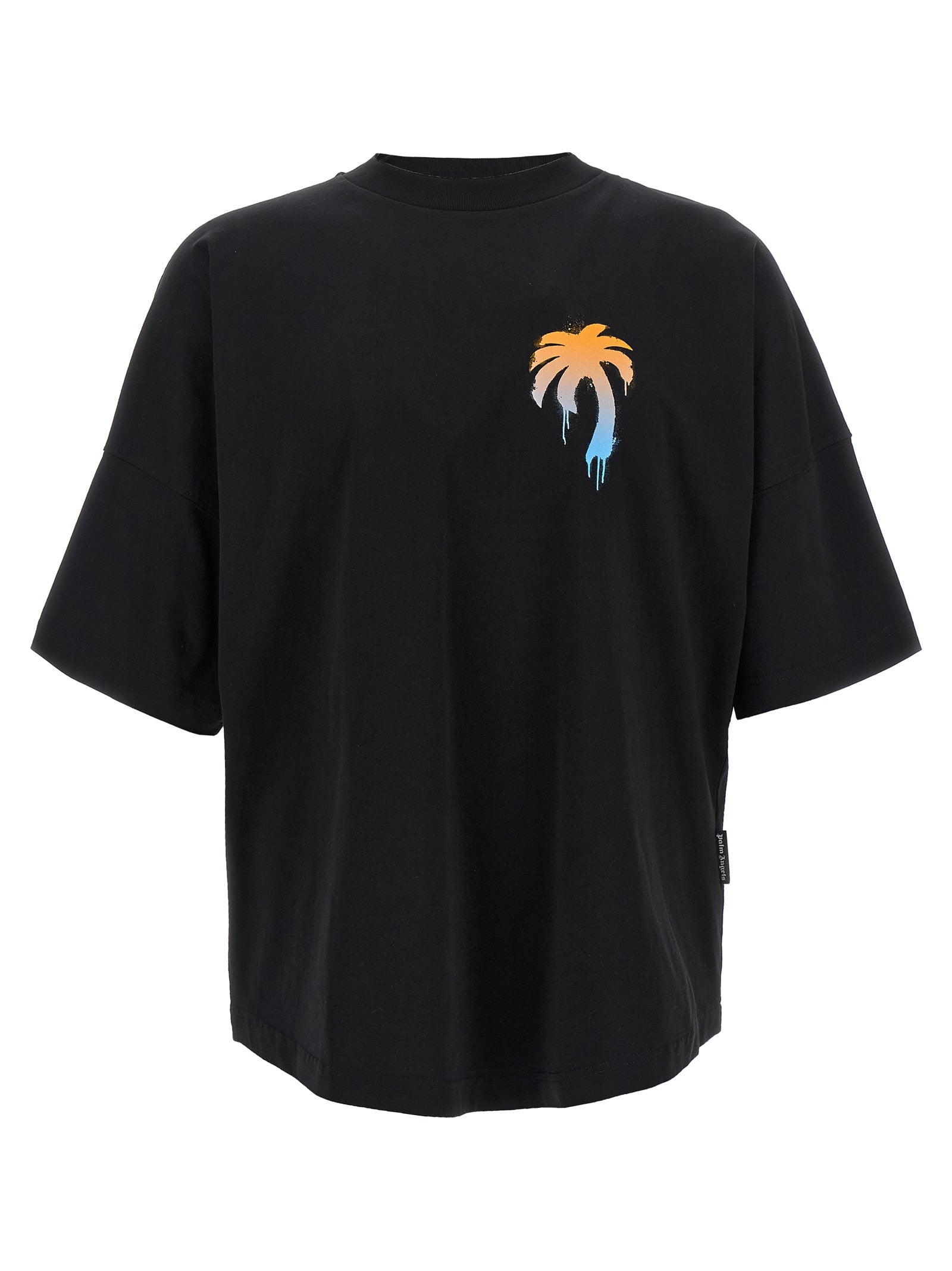 T-Shirt by Palm Angels for men in polyamide cotton black & print showcases a chic silhouette, artfully detailed with a chic crew neckline and short-sleeve for a chic finish.